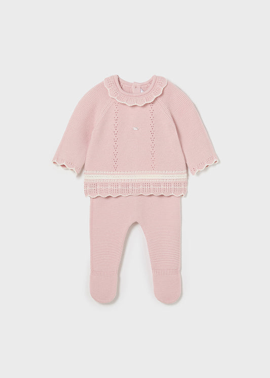 Conjunto polaina tricot rosa baby