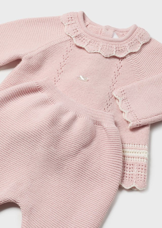 Conjunto polaina tricot rosa baby
