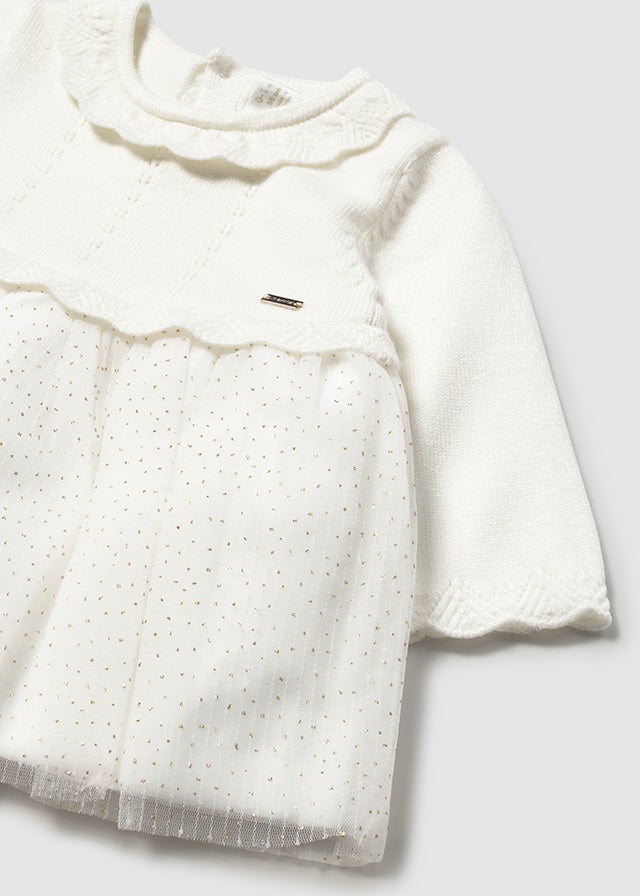 Vestido tricot y tul crudo