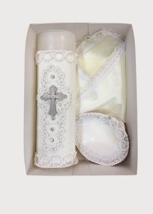 Vela cruz plateada blanca