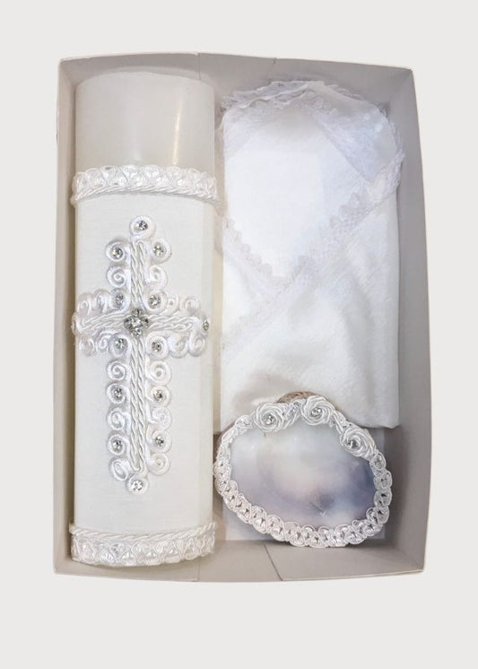 Vela cruz brillos blanca