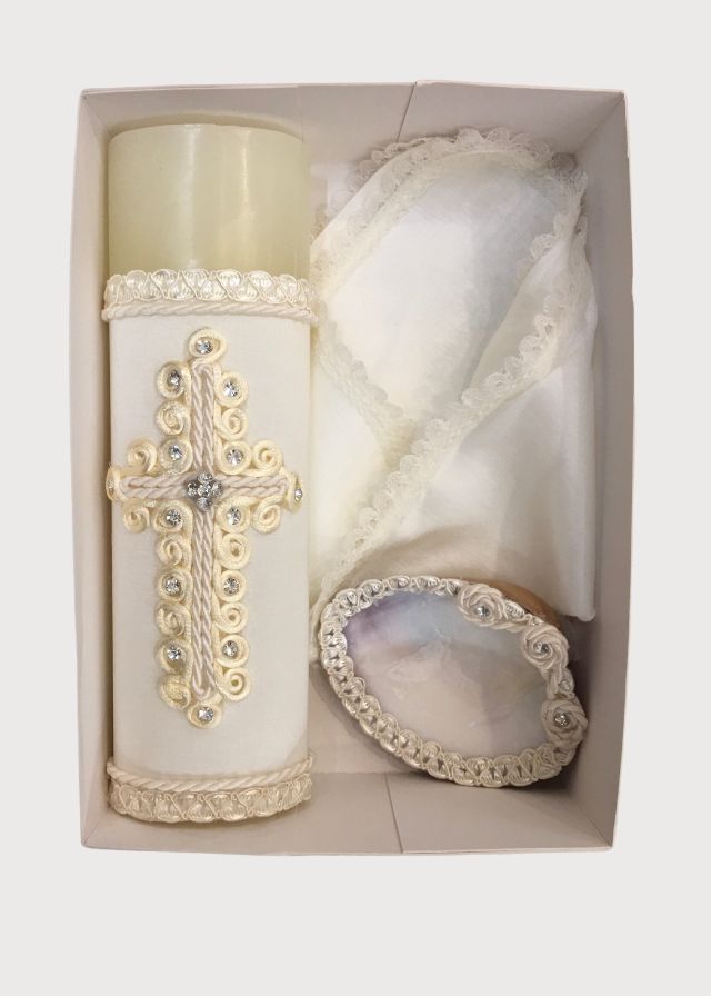 Vela cruz brillos beige