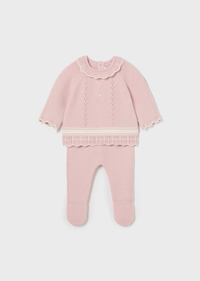 Conjunto polaina tricot rosa baby
