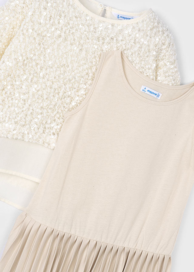 Vestido combinado lentejuela arena
