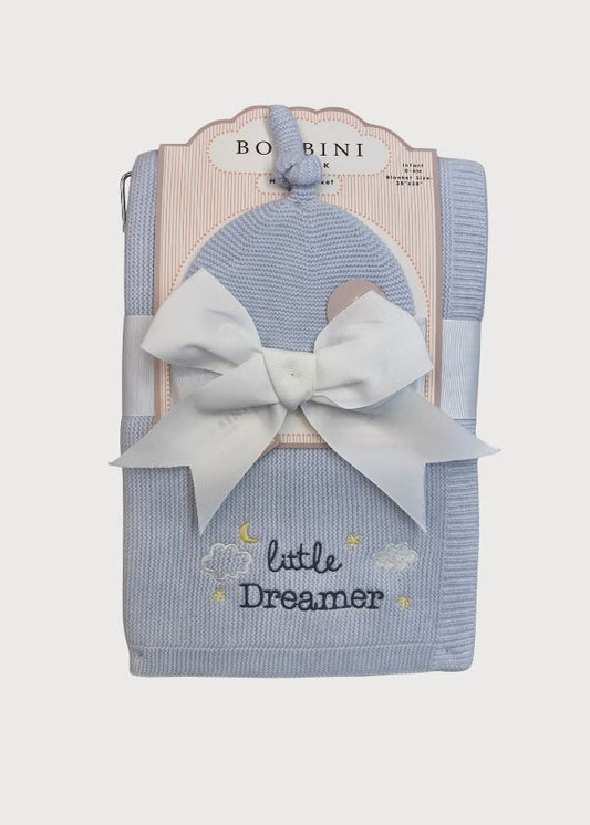 Cobija tejida azul con gorro